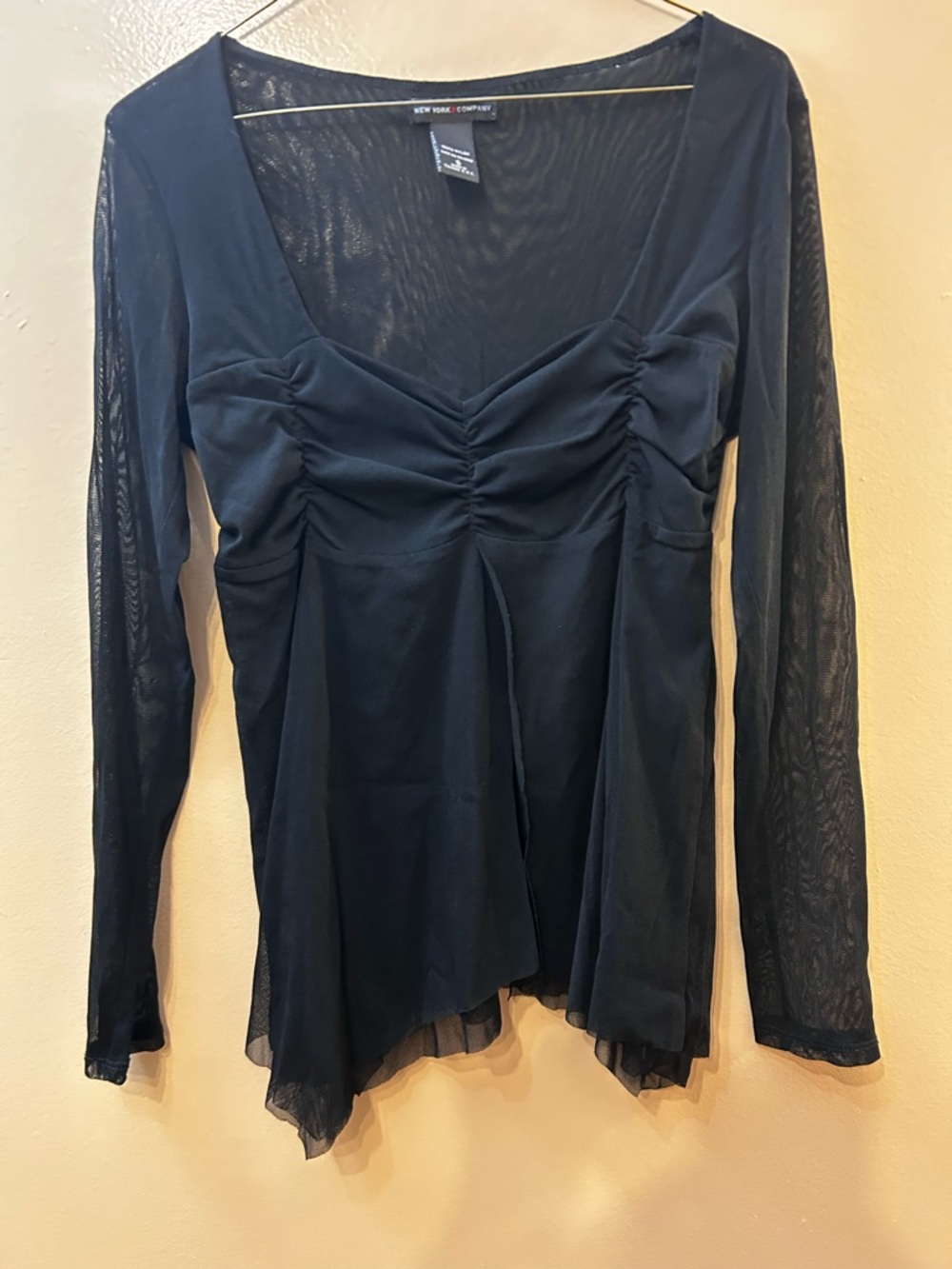 New York & Company Black Long Sleeve Ruched Mesh Peplum Top
